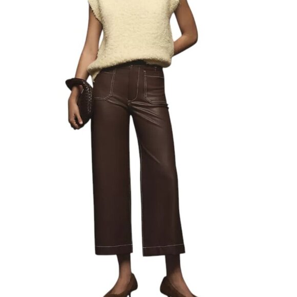Anthropologie Maeve The Colette Faux-Leather Top-Stitch Crop Wide-Leg Pants, 29 - Picture 3 of 10